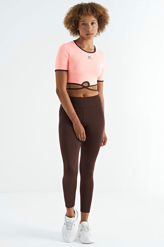 Brown Logo Print Detailed High Waist Scuba Fabric Slim Fit Women's Tights - 94627