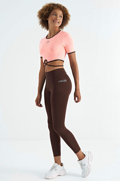 Brown Logo Print Detailed High Waist Scuba Fabric Slim Fit Women's Tights - 94627
