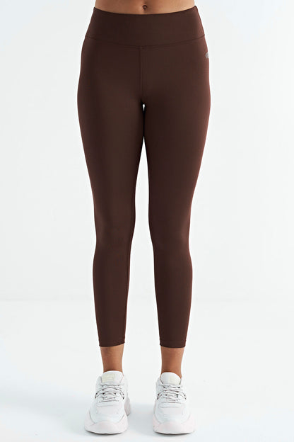 Brown Logo Print Detailed High Waist Scuba Fabric Slim Fit Women's Tights - 94627
