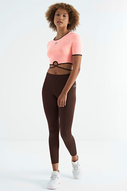 Brown Logo Print Detailed High Waist Scuba Fabric Slim Fit Women's Tights - 94627