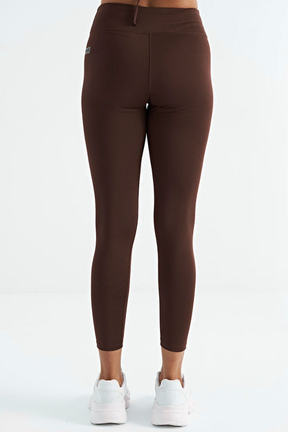 Brown Logo Print Detailed High Waist Scuba Fabric Slim Fit Women's Tights - 94627