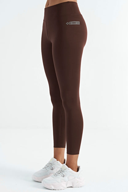 Brown Logo Print Detailed High Waist Scuba Fabric Slim Fit Women's Tights - 94627