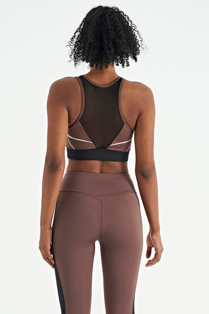 Brown Front Back Print Detailed U Collar Slim Fit Women's Sports Bustier - 97252
