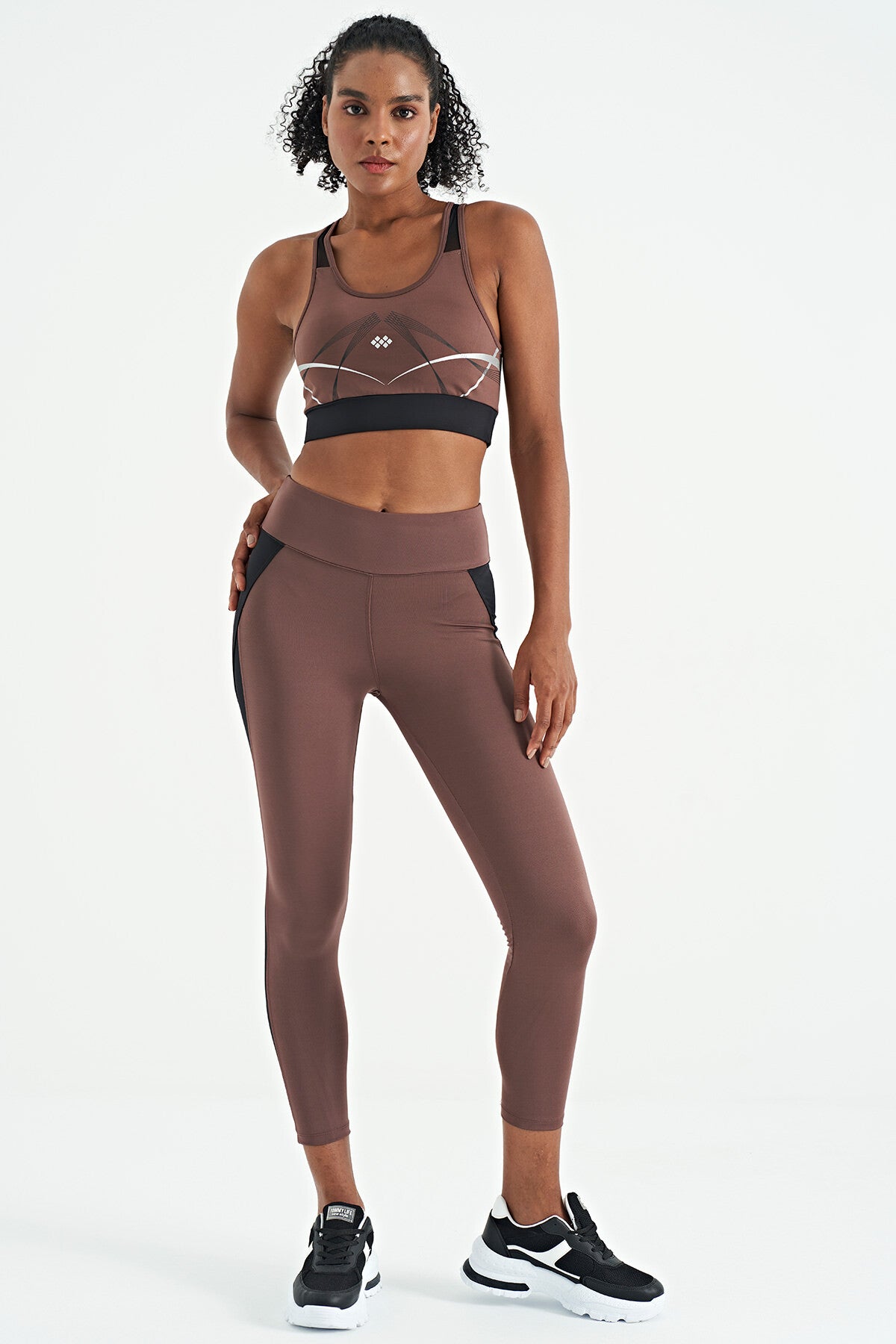 Brown Front Back Print Detailed U Collar Slim Fit Women's Sports Bustier - 97252