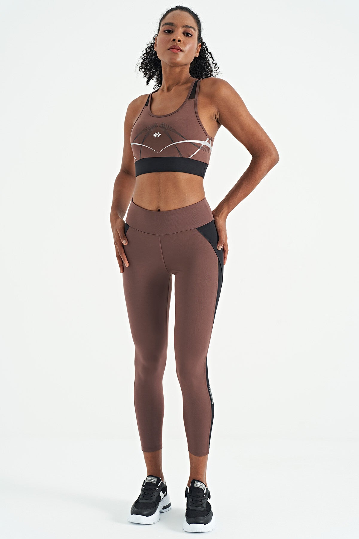 Brown Front Back Print Detailed U Collar Slim Fit Women's Sports Bustier - 97252
