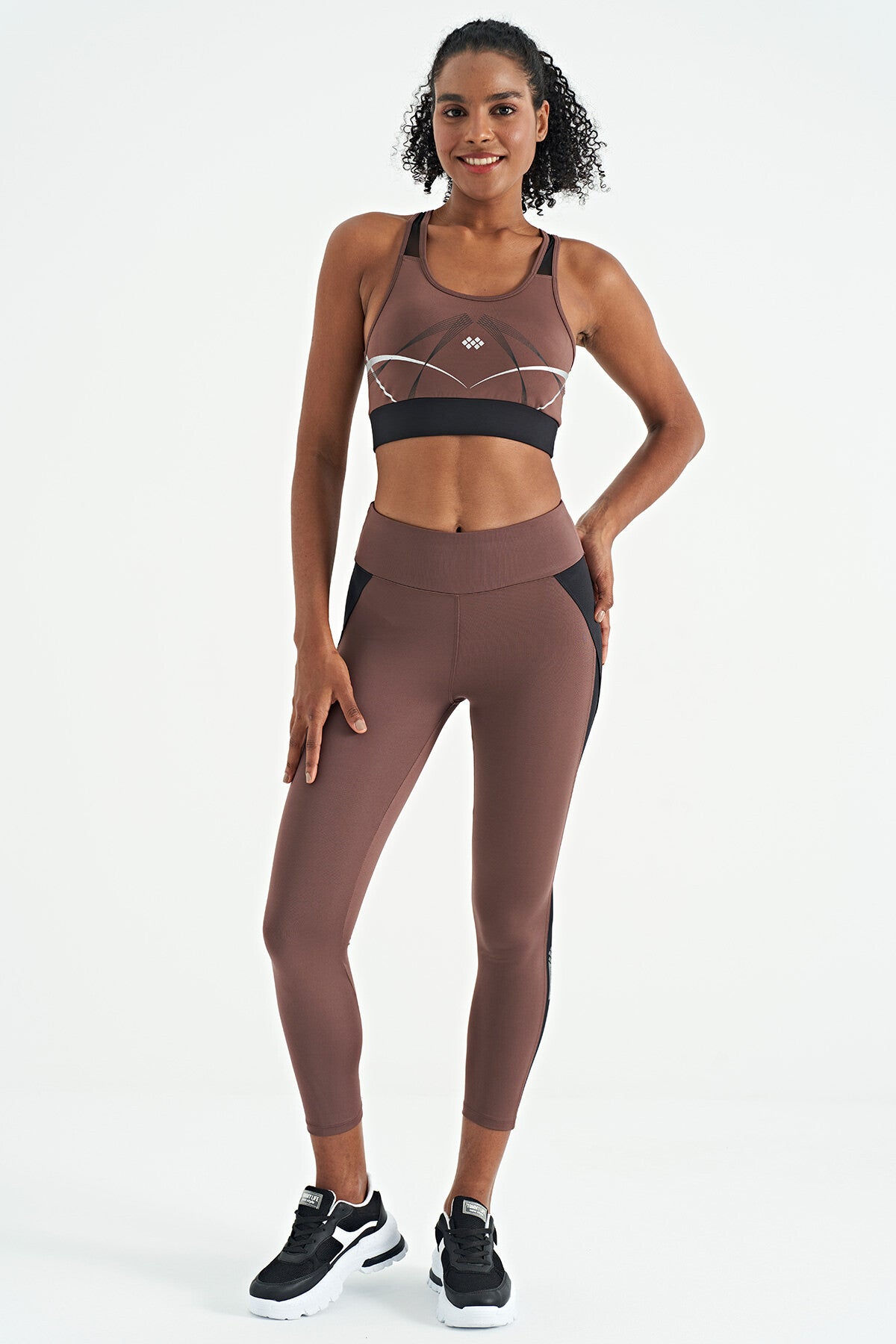 Brown Front Back Print Detailed U Collar Slim Fit Women's Sports Bustier - 97252