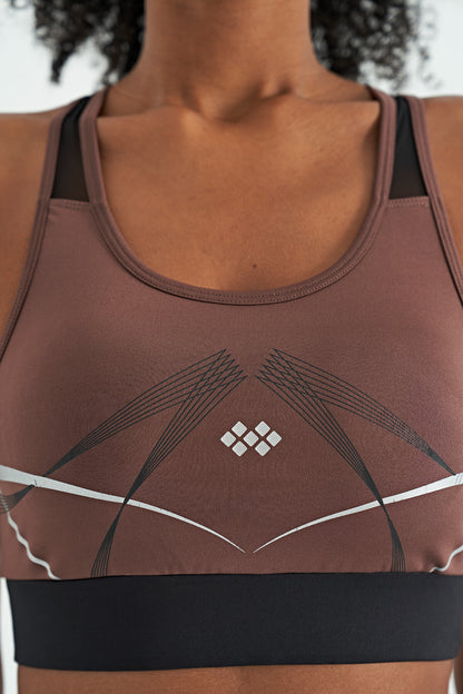 Brown Front Back Print Detailed U Collar Slim Fit Women's Sports Bustier - 97252