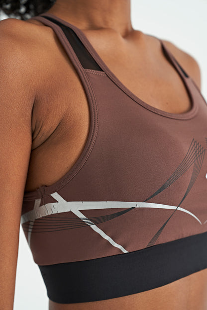 Brown Front Back Print Detailed U Collar Slim Fit Women's Sports Bustier - 97252