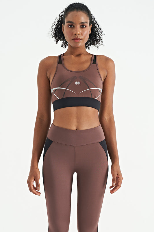 Brown Front Back Print Detailed U Collar Slim Fit Women's Sports Bustier - 97252