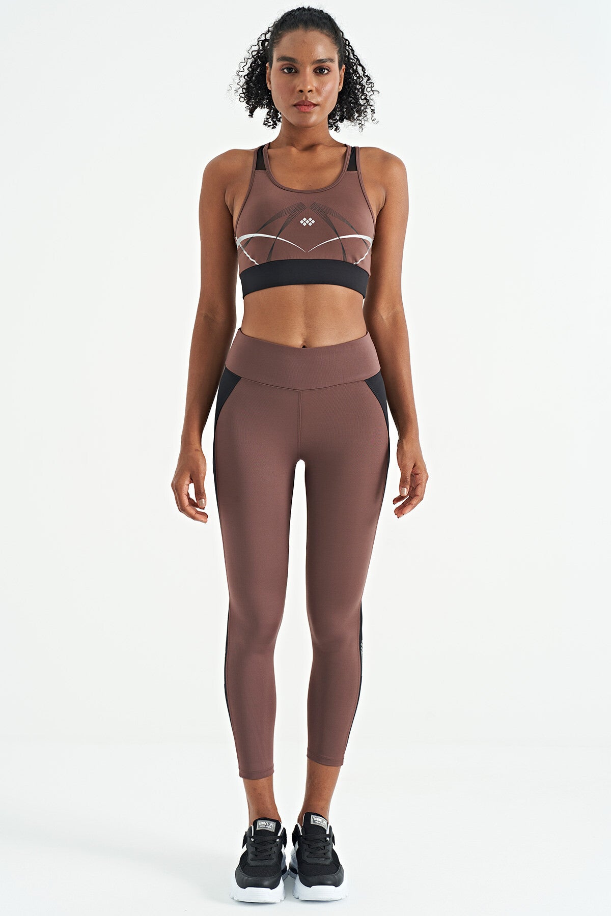 Brown Front Back Print Detailed U Collar Slim Fit Women's Sports Bustier - 97252