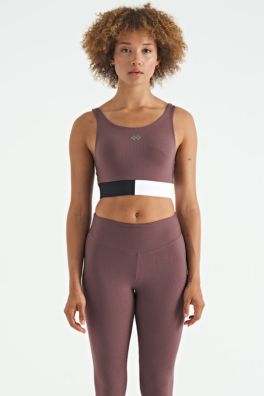 Brown Color Block Logo Print Slim Fit Striped Women's Bustier - 97275