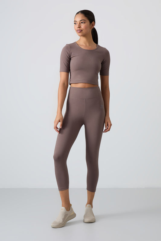 Brown High Waist Capri-Crop T-Shirt Slim Fit Women's Tights Set - 95285