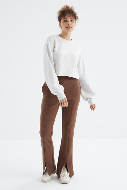 Brown High Waist Front Slit Detailed Side Pocket Comfortable Fit Women's Tracksuit Bottom - 94625