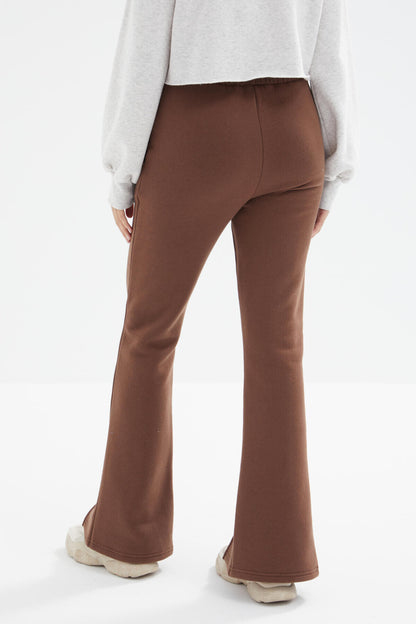 Brown High Waist Front Slit Detailed Side Pocket Comfortable Fit Women's Tracksuit Bottom - 94625