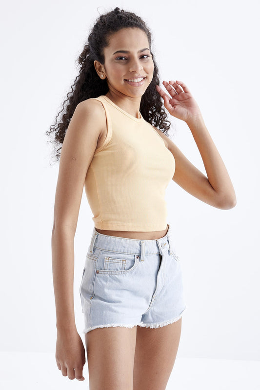 Melon Inside Basic Sleeveless O Neck Women's Crop Top Singlet - 97204