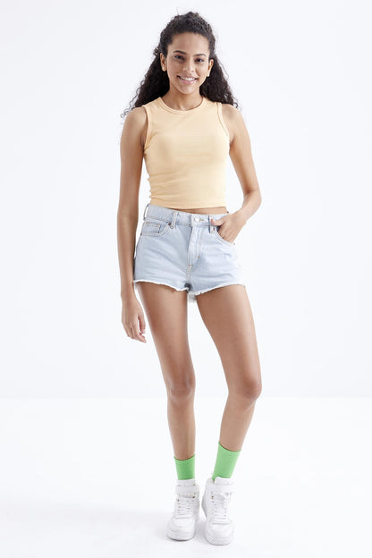 Melon Inside Basic Sleeveless O Neck Women's Crop Top Singlet - 97204