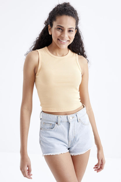 Melon Inside Basic Sleeveless O Neck Women's Crop Top Singlet - 97204