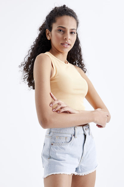 Melon Inside Basic Sleeveless O Neck Women's Crop Top Singlet - 97204