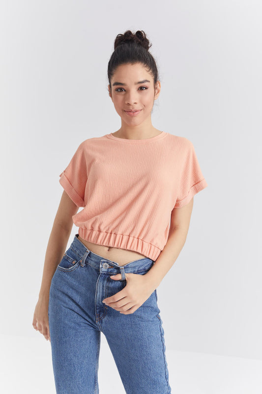 Melon Inside Basic O Collar Belt Elastane Crinkle Fabric Women's Crop Top T-Shirt - 97227