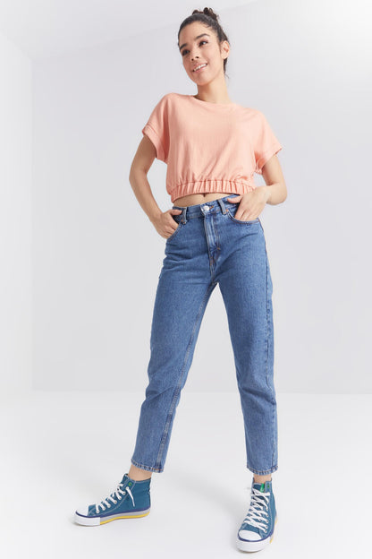 Melon Inside Basic O Collar Belt Elastane Crinkle Fabric Women's Crop Top T-Shirt - 97227
