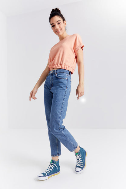 Melon Inside Basic O Collar Belt Elastane Crinkle Fabric Women's Crop Top T-Shirt - 97227