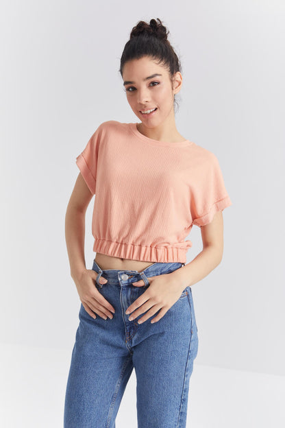 Melon Inside Basic O Collar Belt Elastane Crinkle Fabric Women's Crop Top T-Shirt - 97227
