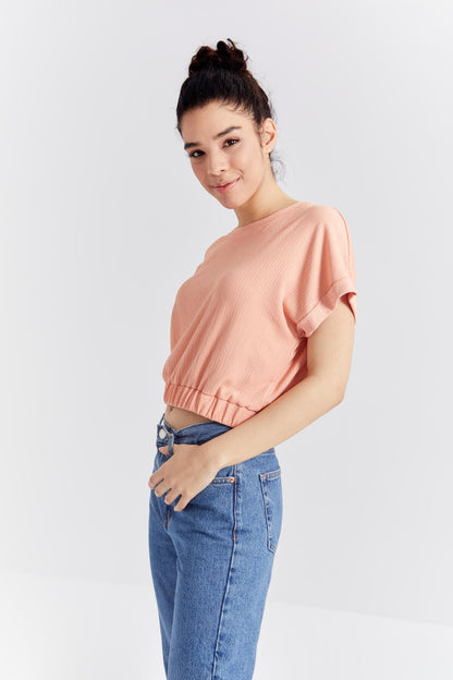 Melon Inside Basic O Collar Belt Elastane Crinkle Fabric Women's Crop Top T-Shirt - 97227