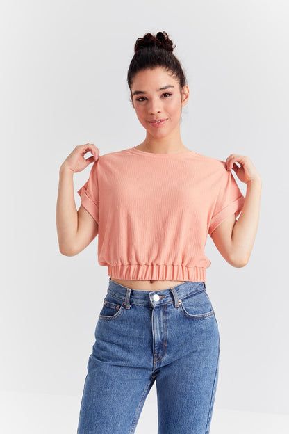 Melon Inside Basic O Collar Belt Elastane Crinkle Fabric Women's Crop Top T-Shirt - 97227