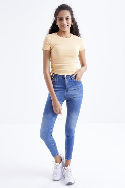 Melon Inside Basic Side Gathered O Collar Women's Crop Top T-Shirt - 97203