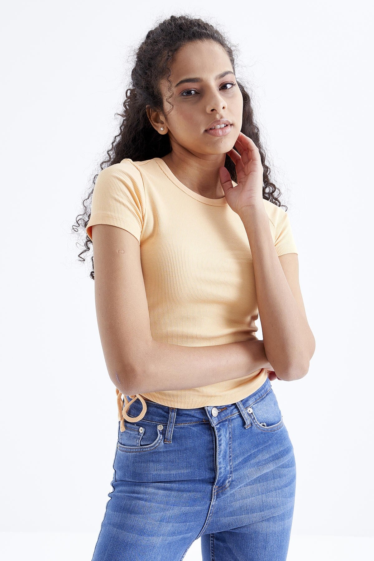 Melon Inside Basic Side Gathered O Collar Women's Crop Top T-Shirt - 97203