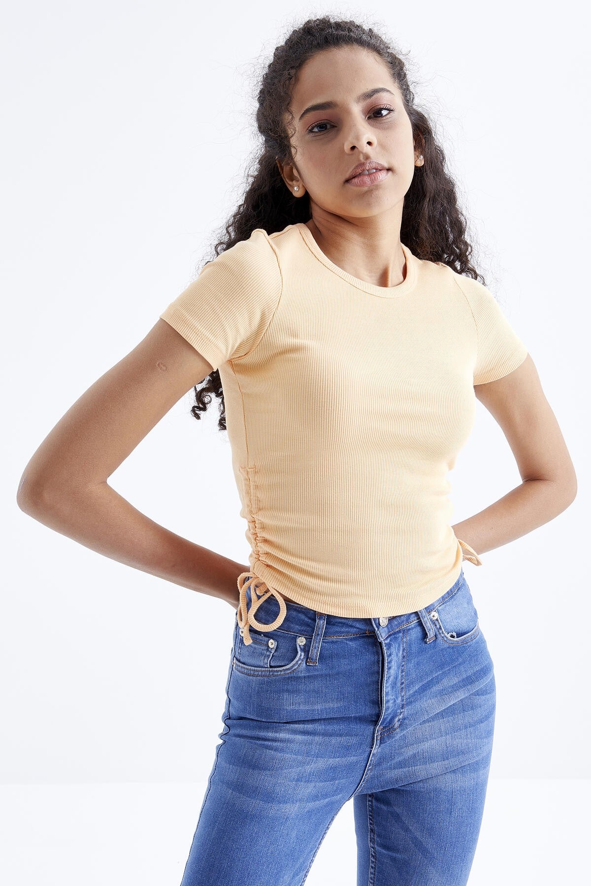 Melon Inside Basic Side Gathered O Collar Women's Crop Top T-Shirt - 97203
