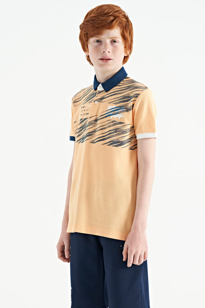 Melon Inside Print Detailed Polo Collar Standard Pattern Boys' T-Shirt - 11161