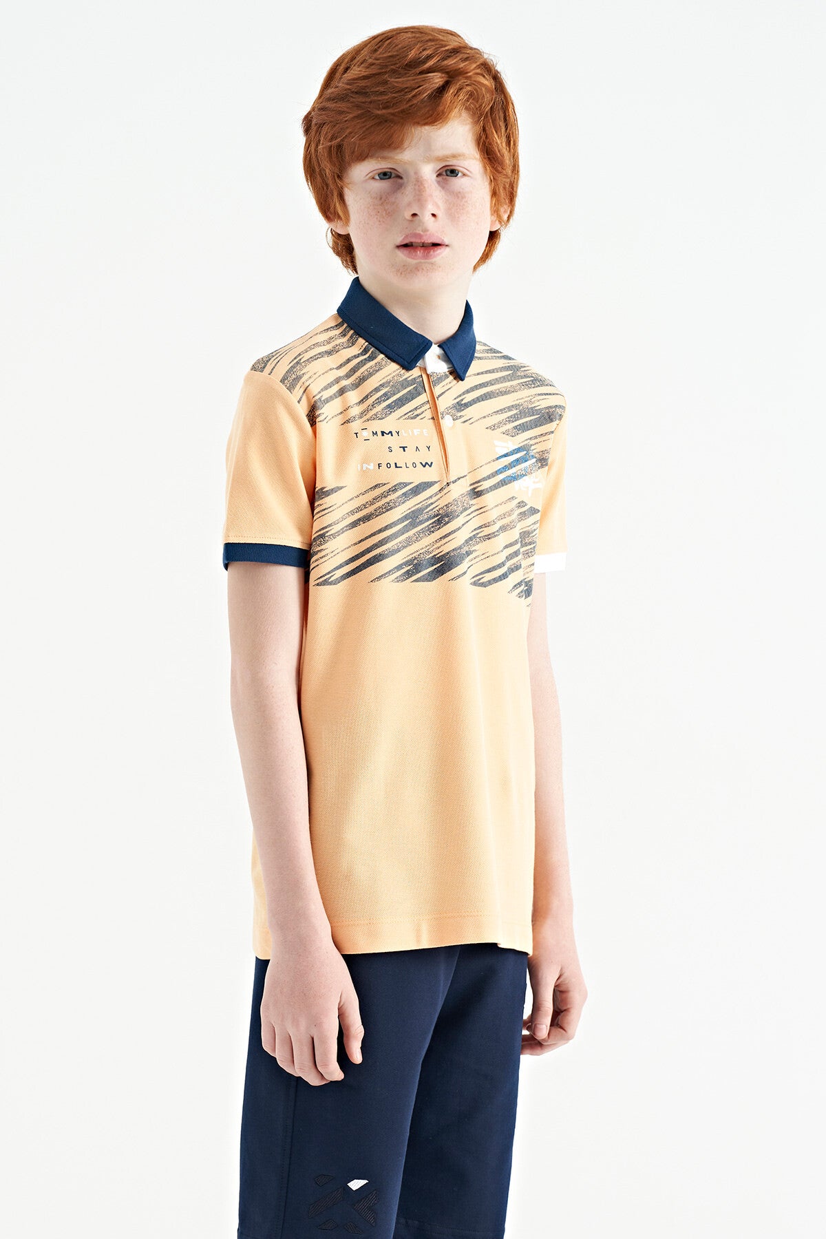 Melon Inside Print Detailed Polo Collar Standard Pattern Boys' T-Shirt - 11161