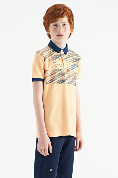 Melon Inside Print Detailed Polo Collar Standard Pattern Boys' T-Shirt - 11161