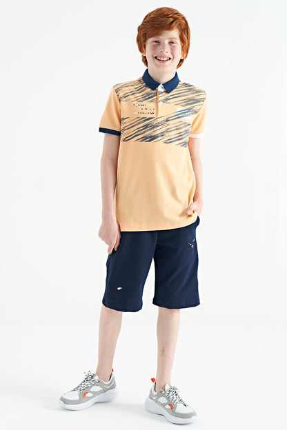 Melon Inside Print Detailed Polo Collar Standard Pattern Boys' T-Shirt - 11161