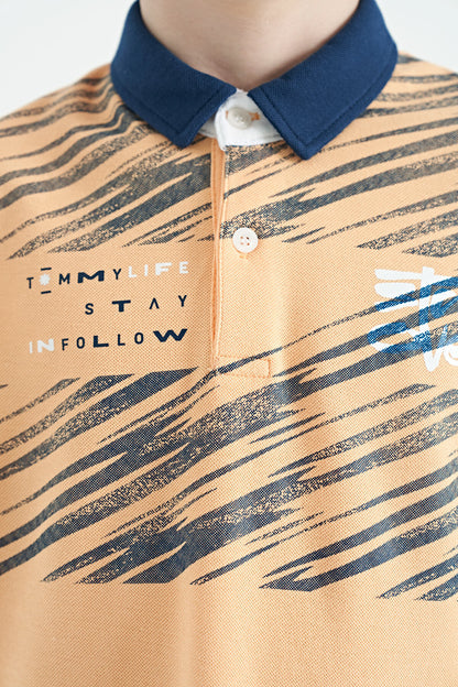 Melon Inside Print Detailed Polo Collar Standard Pattern Boys' T-Shirt - 11161