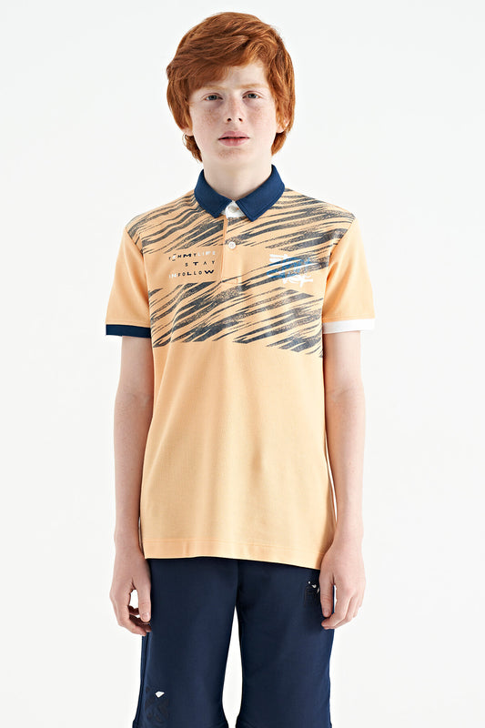 Melon Inside Print Detailed Polo Collar Standard Pattern Boys' T-Shirt - 11161