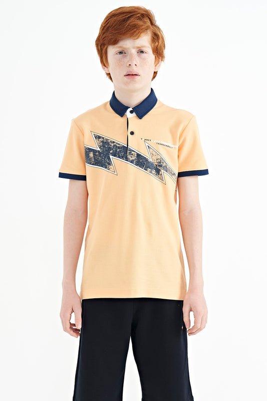 Melon Inside Print Detailed Standard Mold Polo Collar Boys T-Shirt - 11154