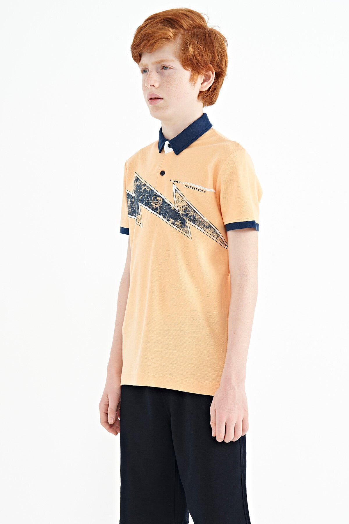 Melon Inside Print Detailed Standard Mold Polo Collar Boys T-Shirt - 11154