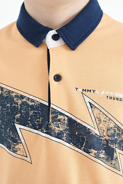 Melon Inside Print Detailed Standard Mold Polo Collar Boys T-Shirt - 11154