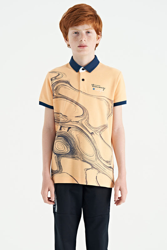 Melon Inside Print Detailed Standard Mold Polo Collar Boys T-Shirt - 11165