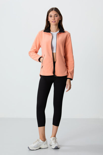 Melon Inside Stand-Up Collar Zippered Comfort Fit Women's Fleece Sweatshirt - 97173