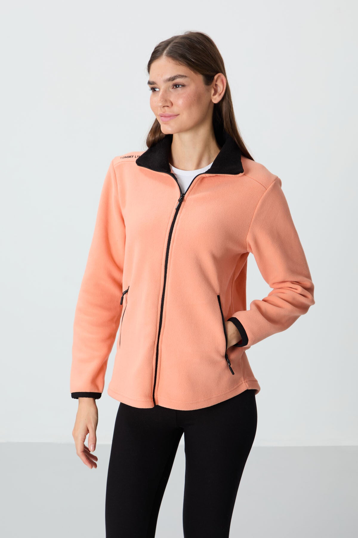 Melon Inside Stand-Up Collar Zippered Comfort Fit Women's Fleece Sweatshirt - 97173