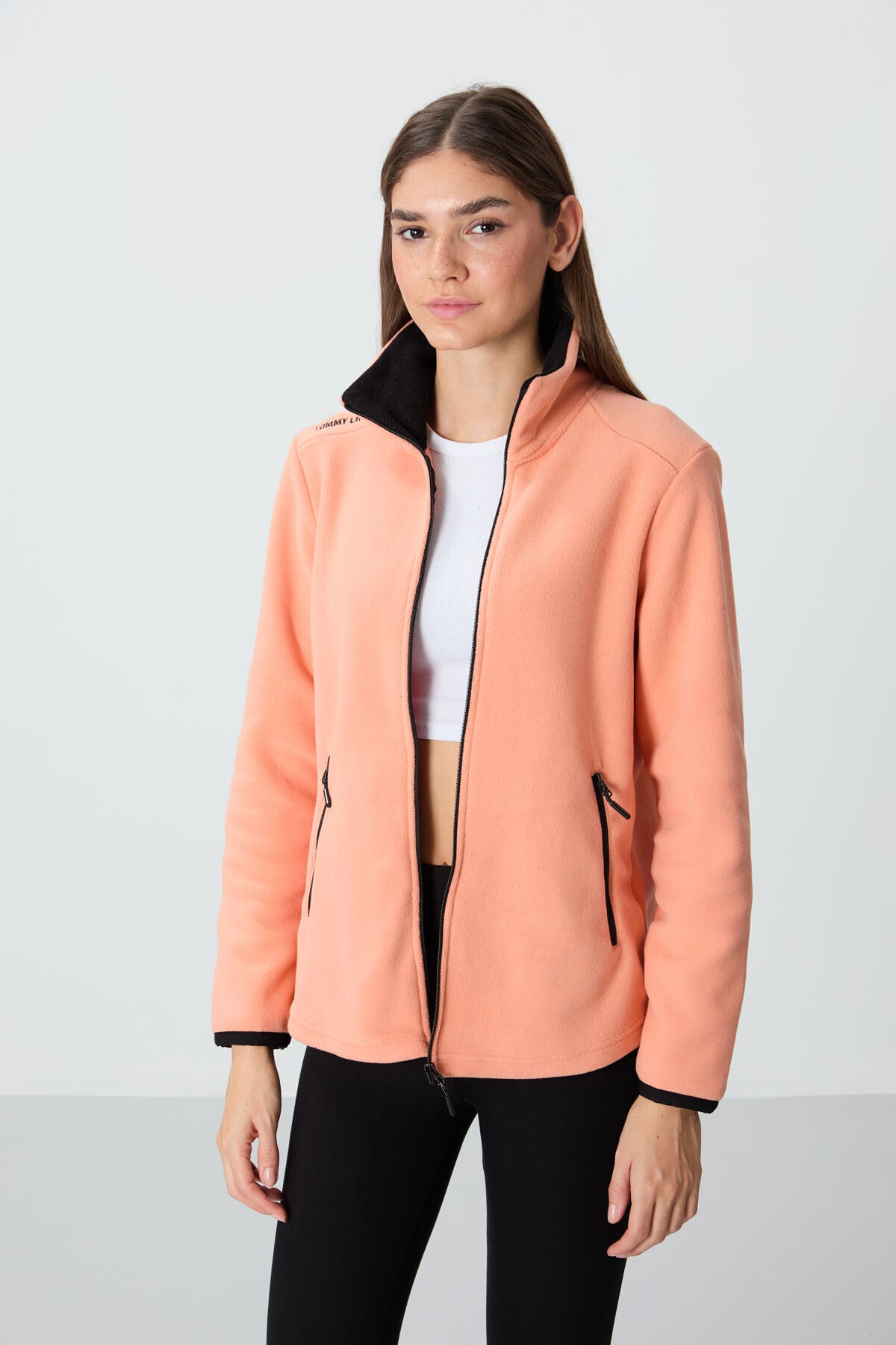 Melon Inside Stand-Up Collar Zippered Comfort Fit Women's Fleece Sweatshirt - 97173