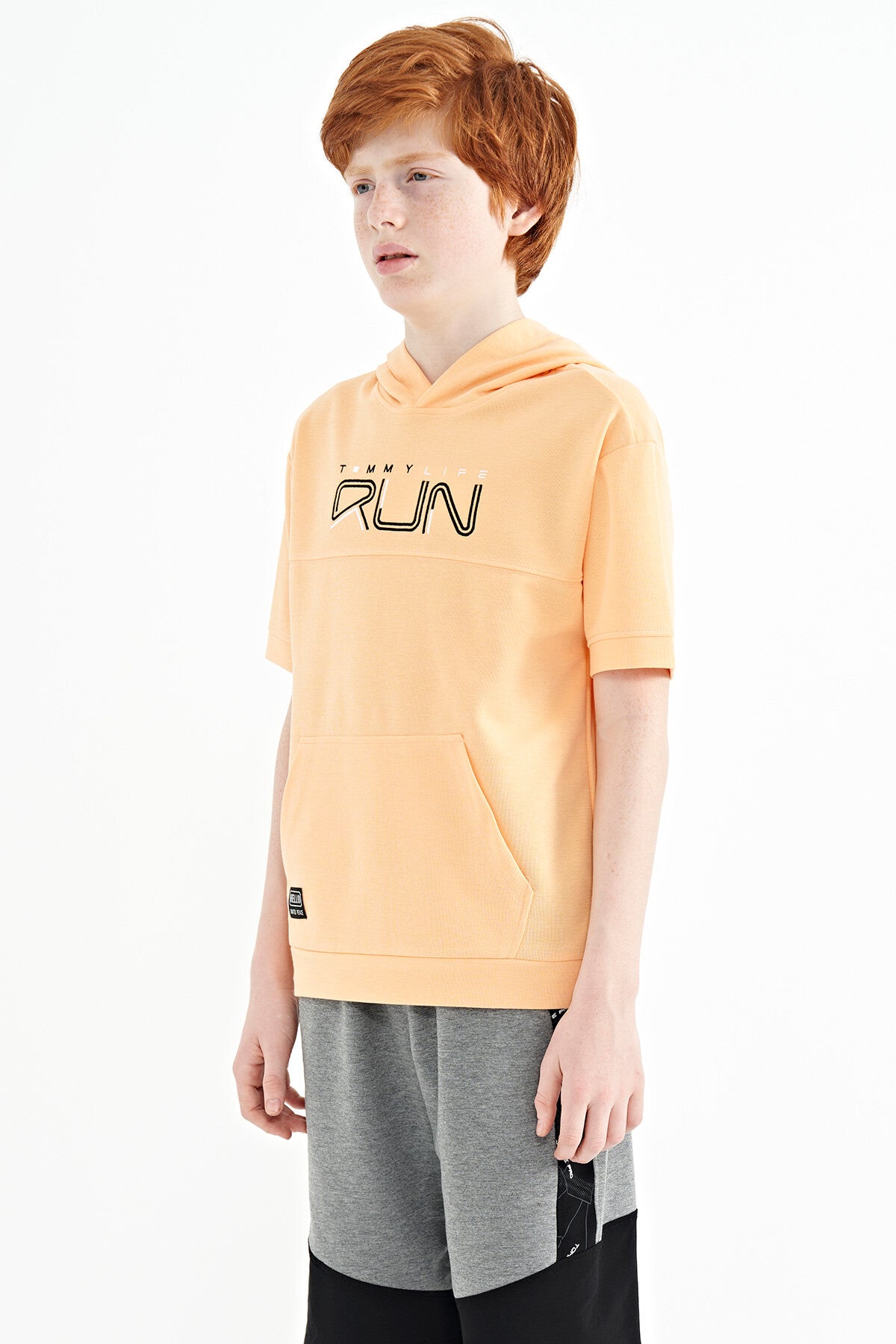 Melon Inner Kangaroo Pocket Hooded Oversize Boys T-Shirt - 11160
