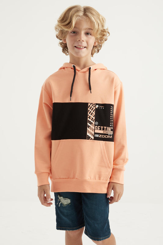 Melon Inside Embroidered Kangaroo Pocket Hooded Standard Fit Boys' Sweatshirt - 11010