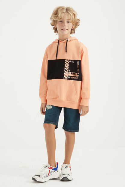 Melon Inside Embroidered Kangaroo Pocket Hooded Standard Fit Boys' Sweatshirt - 11010