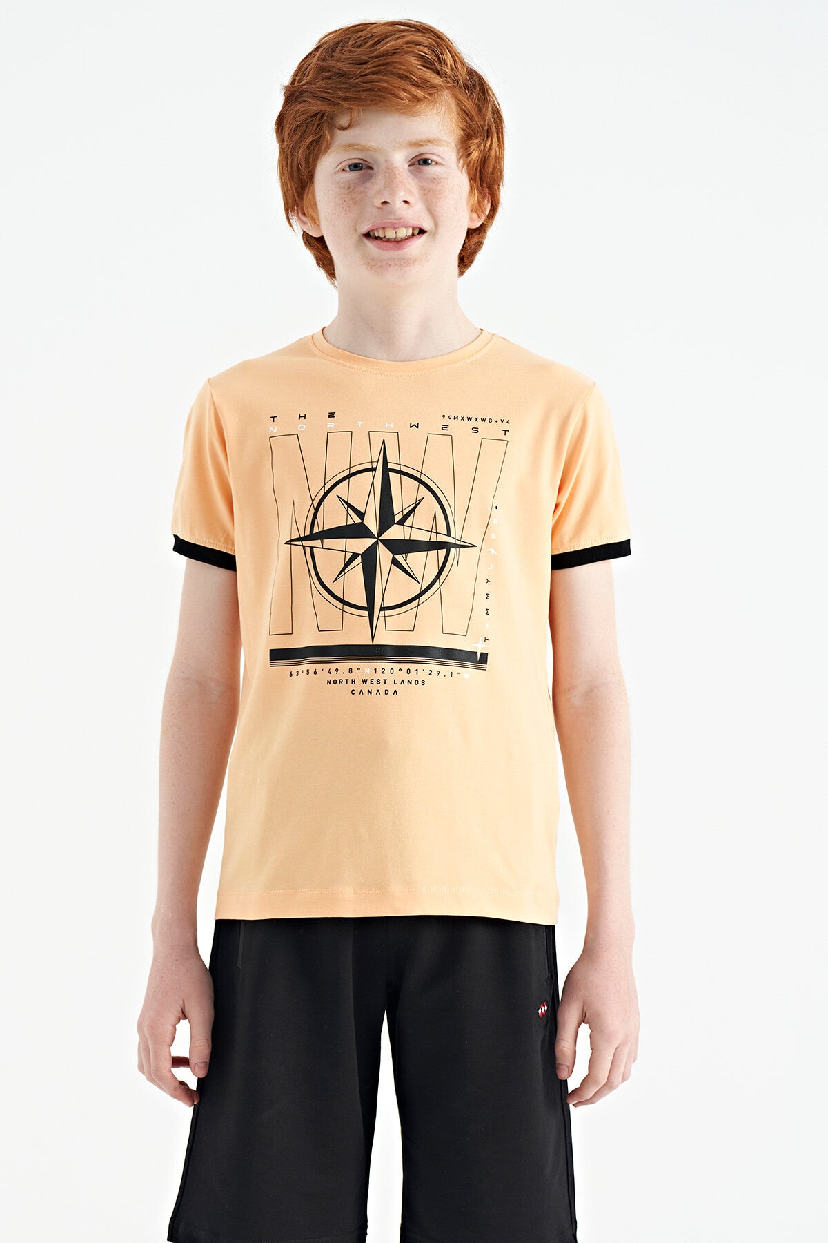 Melon Inner Compass Printed Standard Mold O Collar Boys T-Shirt - 11106