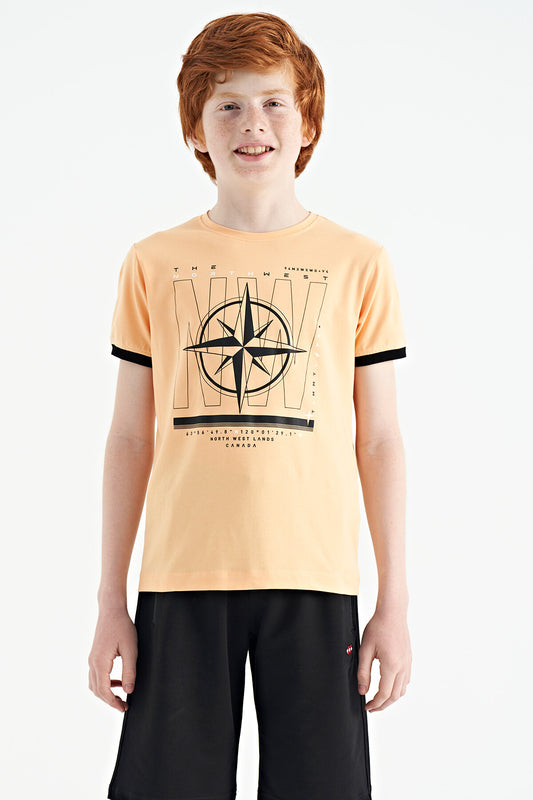Melon Inner Compass Printed Standard Mold O Collar Boys T-Shirt - 11106