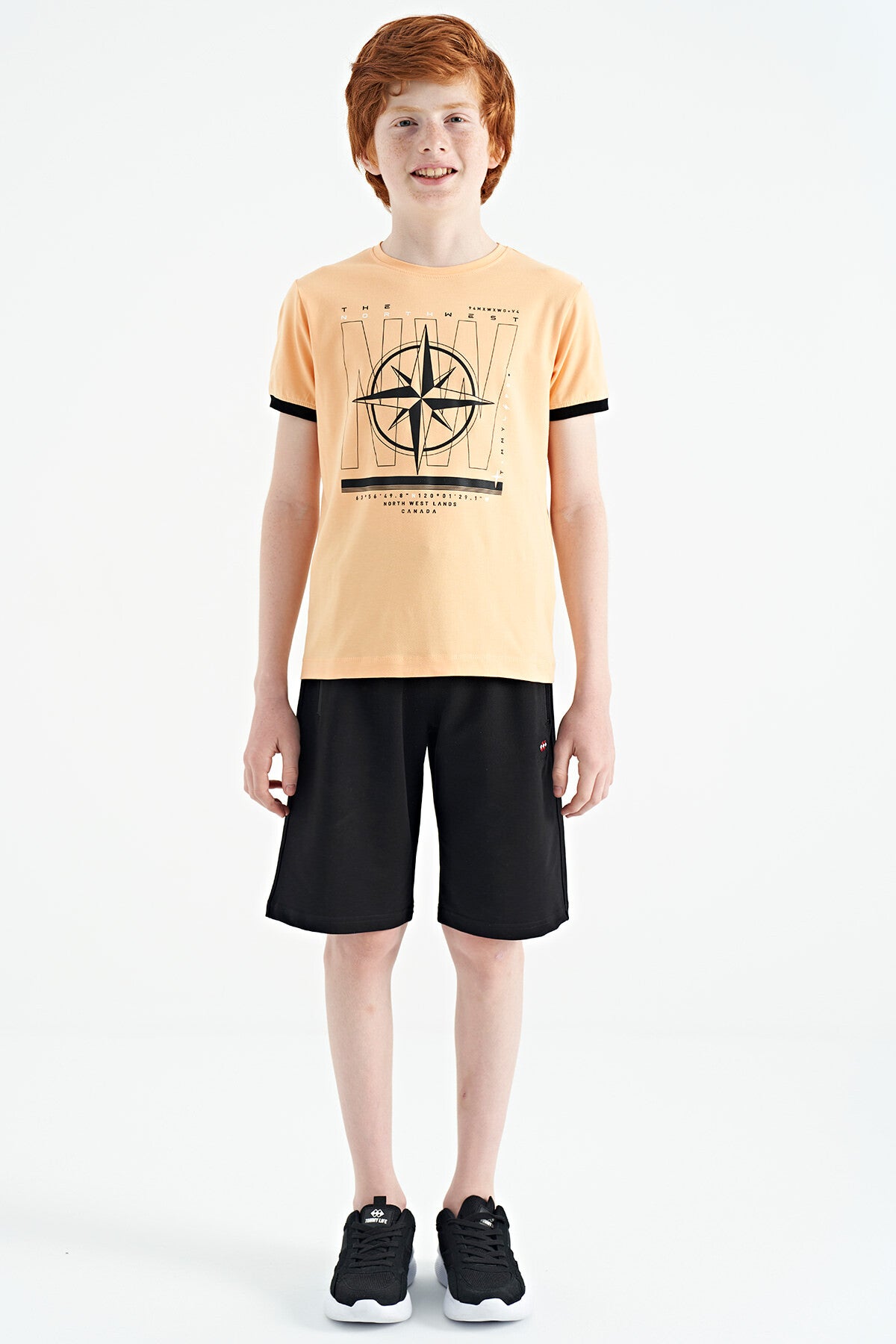 Melon Inner Compass Printed Standard Mold O Collar Boys T-Shirt - 11106